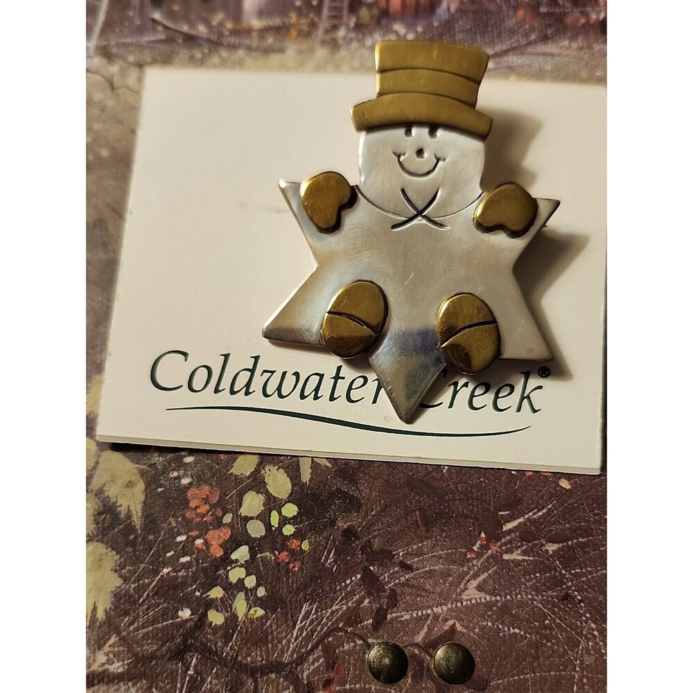 Coldwater Creek .925 Sterling Silver Star Snowman Pin with Brass Accents